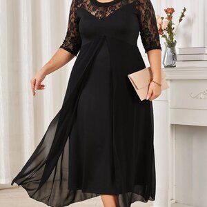 Women Plus Size Elegant Lace 3/4 Sleeve Lace Chiffon Long Maxi Dress, Black, 5XL